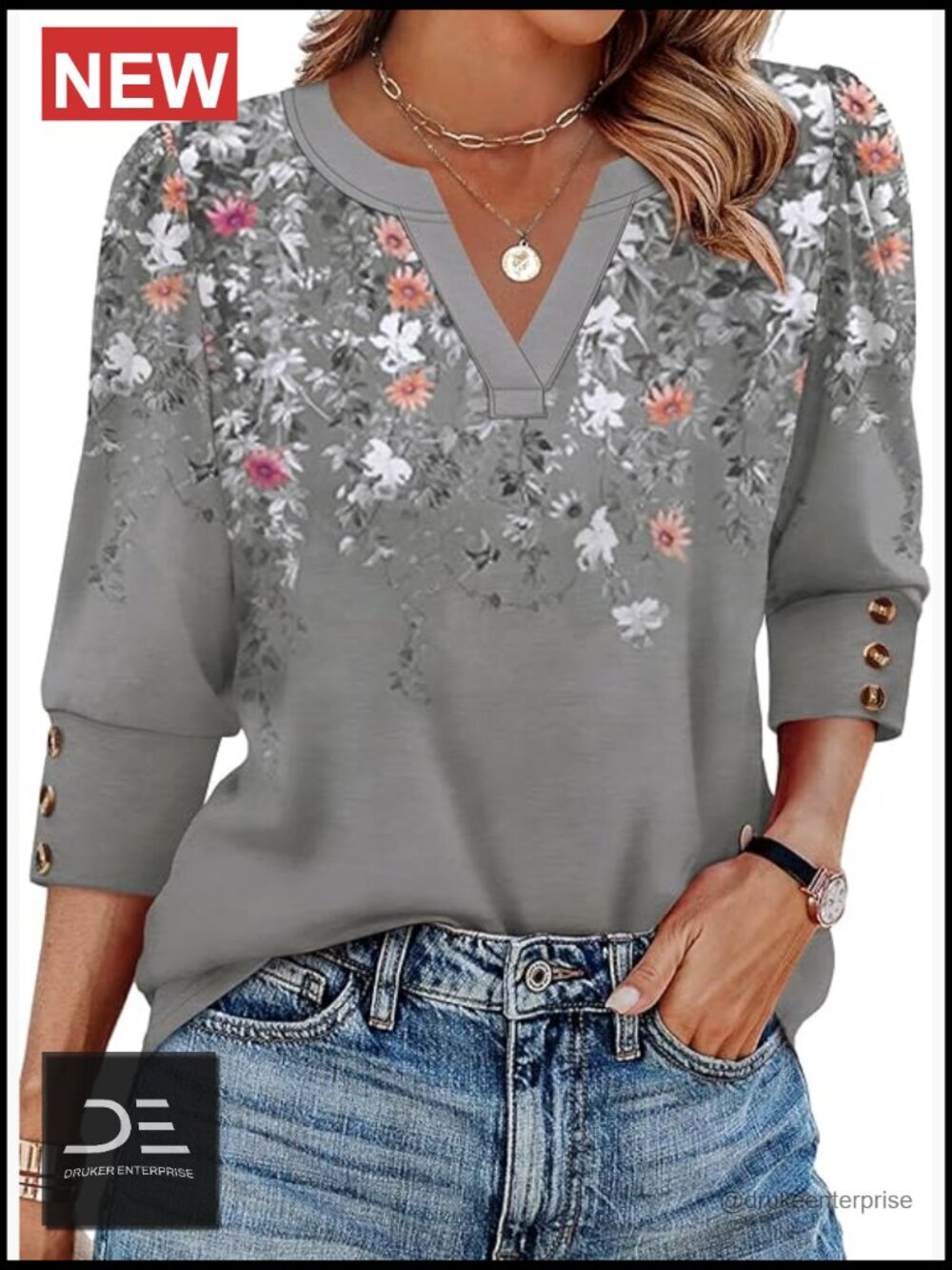 3/4 Sleeve V-Neck Blouse 95% Polyester 5% Spandex Dressy Casual Top